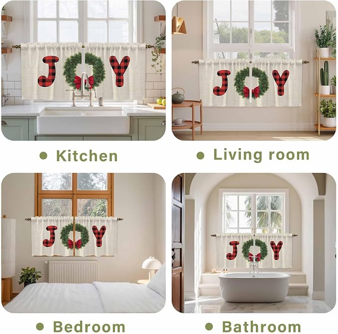 Red Green Christmas Kitchen Tier Curtains 36 Inch Long 2 Panel Set, Rod Pocket