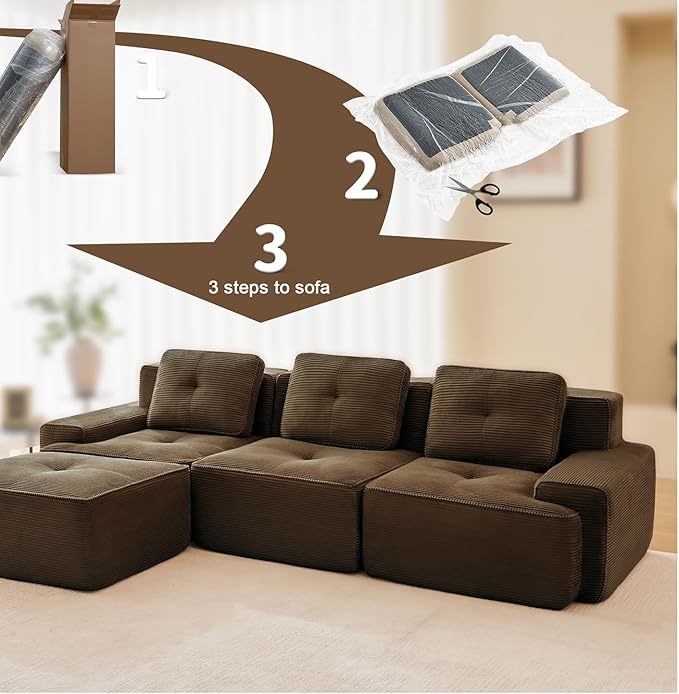 115" Modern Corduroy Cloud Sofa with Ottoman, L Shaped Boneless Modular Large Sectional Couches for Living Room, Brown 3 Seater Compressed Memory Foam Couch, Extra Deep Seat, No Assembly