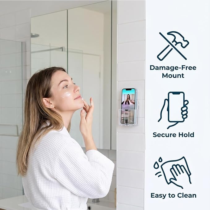 4 Pack Wall Mounted Phone Holder Self-Adhesive Plastic Phone Stand with Data Cable Receiving Hole Single Smartphone Organizer for Bedroom Kitchen Bathroom Office (Clear Translucent Black)