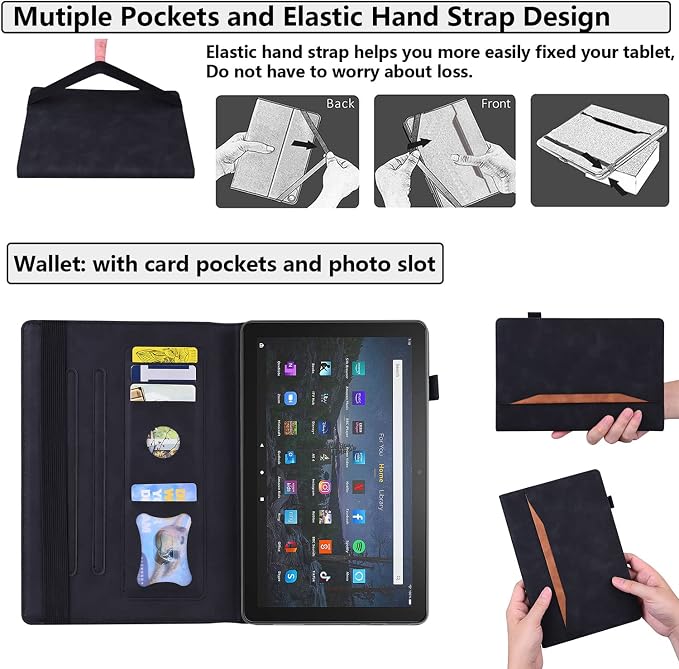 Fire HD 8 Case Slim Folding Stand Auto Wake/Sleep Wallet Case with Cards/Cash Holder for Amazon Fire HD 8(8th/7th/6th Gen 2018/2017/2016 Release)-Black