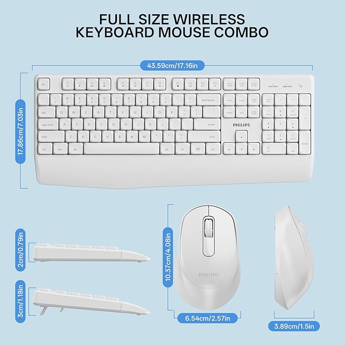 PHILIPS Wireless Keyboard and Mouse Combo-Ergonomic Keyboard and Mouse Wireless Combo with Silent Design,Plug n' Play,Sleep Mode and 2.4GHz Keyboard for Mac, Windows, Laptop-White