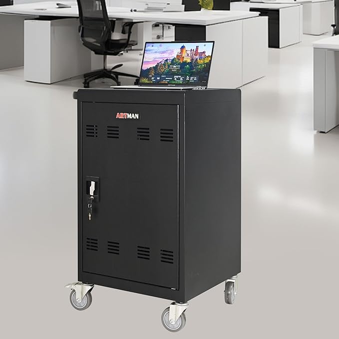 32-Bay Mobile Charging Cart with Keyed Lock, Steel Laptop & Tablet Charging Cabinet with Cable Management, Rolling Power Station for Classroom, Office, School, Library