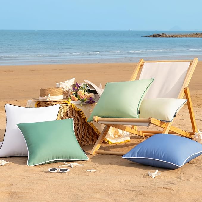 Phantoscope Pack of 2 Outdoor Waterproof Throw Pillow Covers with Contrast Piping, Decorative Square Cushion Case Patio Pillows for Couch Tent Sunbrella, Sage Green 18x18 inches