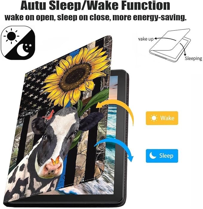 Case for iPad (A16) 11th Generation 11 Inch 2025 iPad 10th Generation 10.9 Inch 2022 Premium PU Leather Stand Folio Cover with Auto Sleep/Wake American Flag Sunflower and Cow