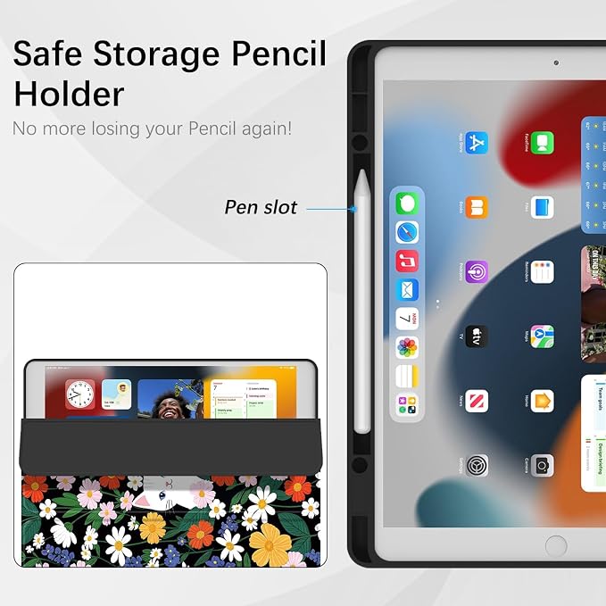 Case for iPad 6th / 5th Generation 9.7-inch iPad Air 2 /Air 1 | Smart Trifold Stand Shockproof Case with Pencil Holder Auto Wake/Sleep Cover Viewing &amp Typing Angles Black Flowers