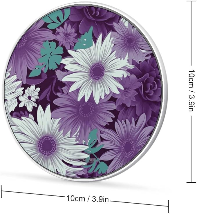 Purple White Floral Wireless Charger Fast Charging Pad | Anti-Slip Qi Certified Wireless Charging Pad for All Phones with Wireless Charging Function for Home Office Travel