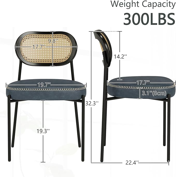 Rattan Dining Chairs Set of 4, Blue Leather Upholstered Dining Chairs with Rattan Cane Back, Mid Century Modern Dining Room Chairs with Black Metal Legs & D-Shaped Thicken Cushion, Blue