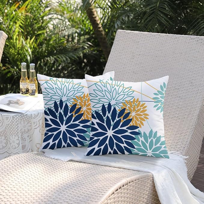Dark Blue and Light Green Floral Pillow Covers 20x20 Set of 2 Outdoor Pillows Covers Waterproof Summer Pillowcovers Polyester Cushion Case Decor for Couch Patio Funiture Garden Porch 01T20