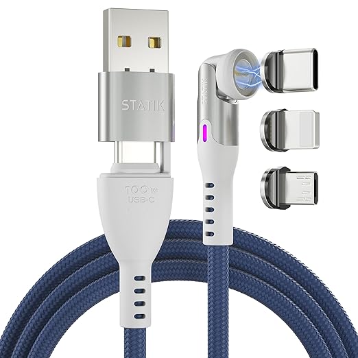 Statik 360 Pro Magnetic Charging Cable - Type C Charger Fast Charging 3 in 1 USB C to USB C Cable Micro USB &amp iProduct Tips USB A Adapter Fits All Devices - 100W Fast Charger Black 10FT/3M