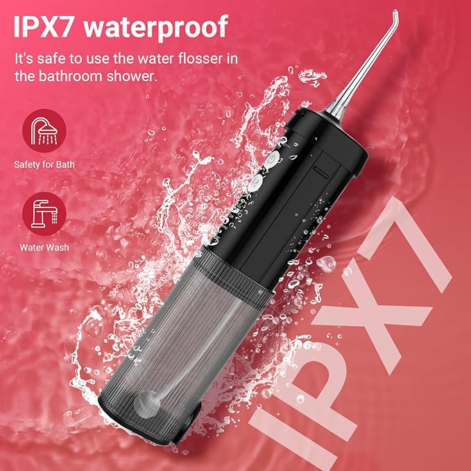 JNGOODS Mini Portable Water Flosser Oral Irrigator Water Teeth Cleaner Pick, Telescopic Water Tank, 4 Modes & IPX7 Waterproof, Home & Travel Water Flossers for Teeth, Braces Bridges Care. (Black)