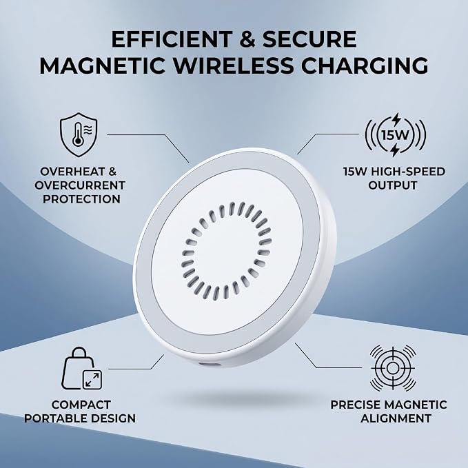 Magnetic Wireless Charging Pad 15W Fast Charging with Overcurrent Overheat Protection and Built in Magnet for iOS 16 17 Phone Wireless Device (Black)