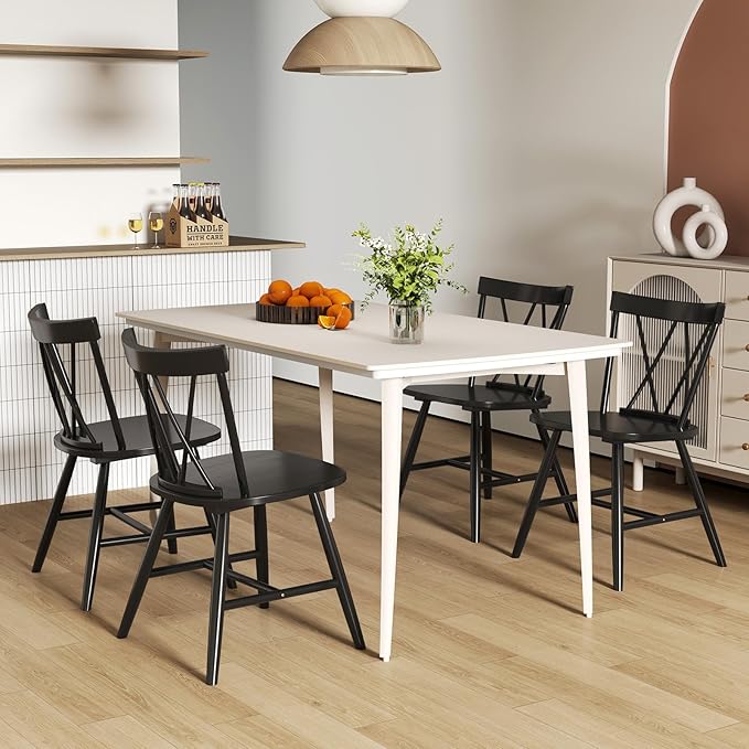 Giantex Windsor Dining Chairs Set of 4, Farmhouse Wooden Kitchen Chairs w/Cross Back, Wide Seat, Rubber Wood Frame, Armless Side Chairs for Kitchen, Dining Room, Living Room, Restaurant, Black