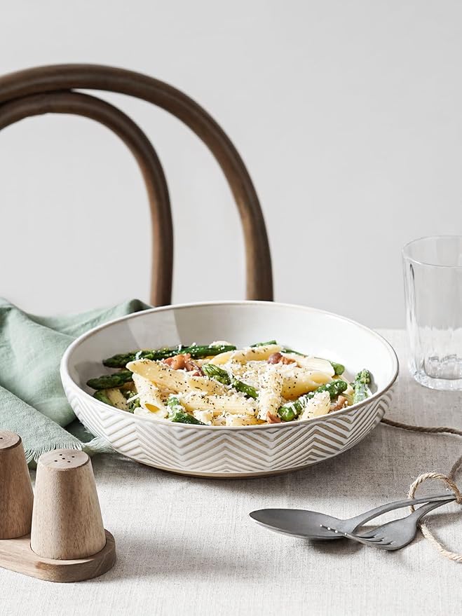 LE TAUCI Pasta Bowls 46oz, Large Salad Bowl, Ceramic Serving Plate, House-warming Wedding Present, Embossment Stoneware Bowl for Fruits, Noodle, Dinner - 9 Inch, Set of 4, Arctic White