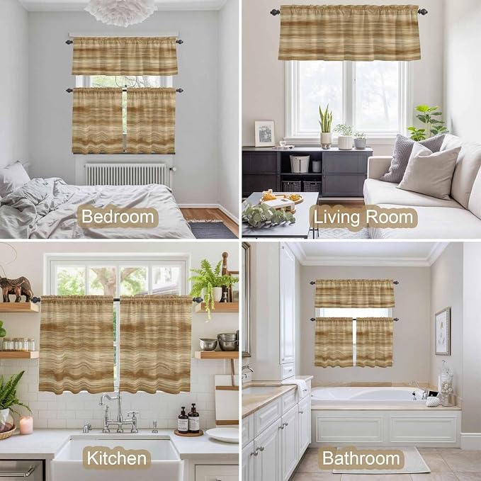 Kitchen Curtains Tiers and Valance Set of 3, Light Brown Wood Grain Light