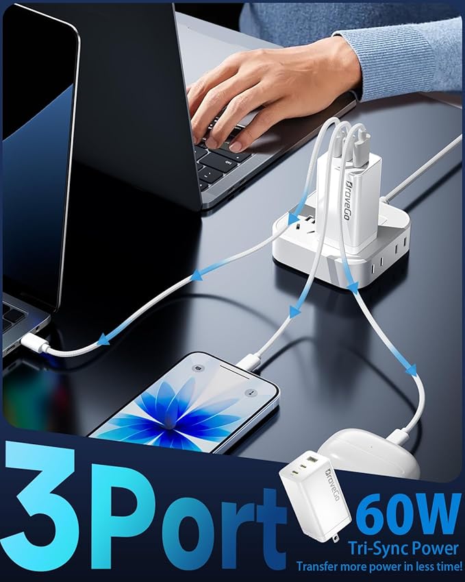 Bravego 65W Charger Block, 3-Port Fast Charging Adapter, GaN Tech, Compact Wall Plug Block, Light Weight for Travel, for iPhone 15/14/13/12 Plus Pro Max, iPad Pro, iPad, MacBook Air, Samsung, AirPods
