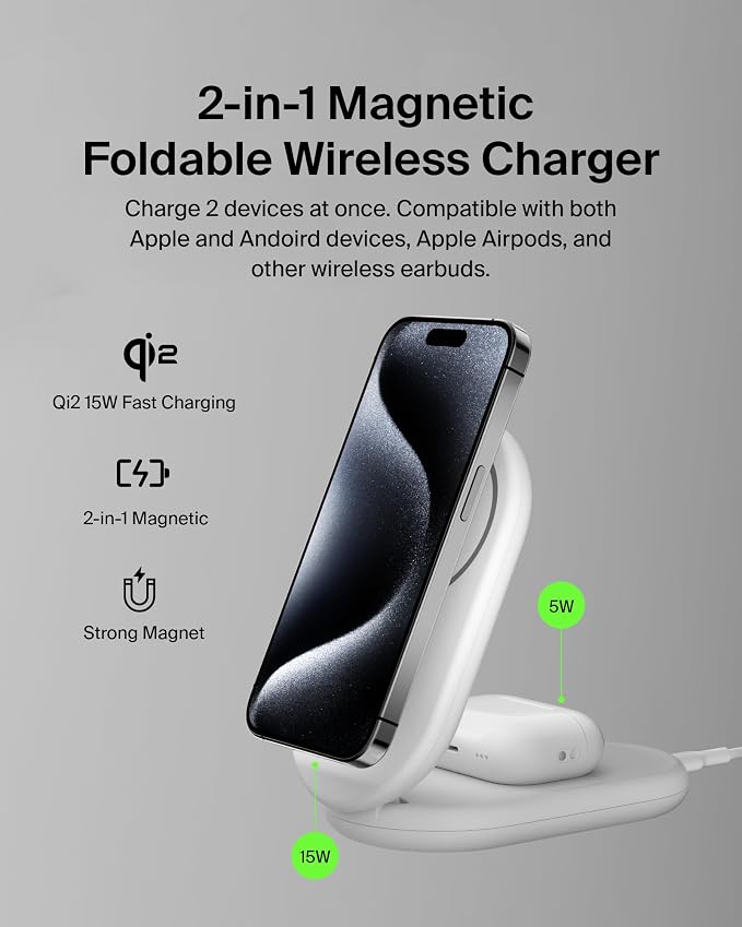 Belkin Qi2 15W Magnetic Wireless Charger 2 in 1 Foldable Non-Slip | MagSafe compatible iPhone 16 Apple Watch Samsung Galaxy S25 compatible power adapter included