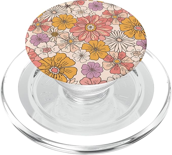 Retro Flowers Meadow Floral Groovy 70s Peach Orange Pink PopSockets Adhesive PopGrip
