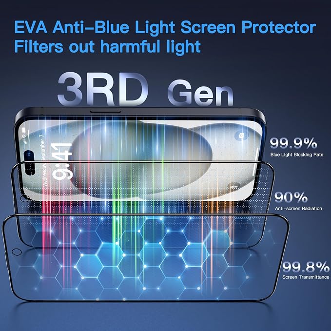 Uyiton Anti-Blue Light for iPhone 15 Plus Screen Protector | Unbreak-Glass Easy to Install Full Coverage Case Friendly Scratch Resistance 9H Tempered Glass Screen Protector 2 Pack