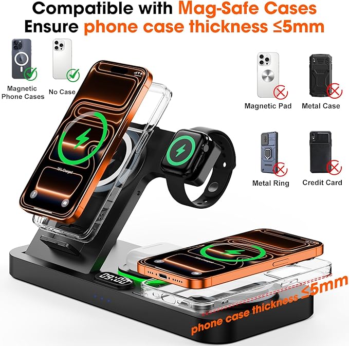 Dual Phone Magnetic Wireless Charging Station for Apple Devices/Apple Ecosystem,with Auto-Switch 7-Color Light & Clock, Compatible with iPhone 17/16/15, for iWatch 11/10/9 & AirPods Pro3（Black