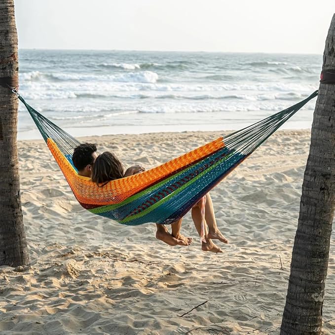 LazyDaze Hammocks Handwoven Outdoor Double Rope Mayan Hammock Bed, Tree Hammocks with Stand for Outside Patio Indoor Bedroom, hamacas para adultos, Multicolor