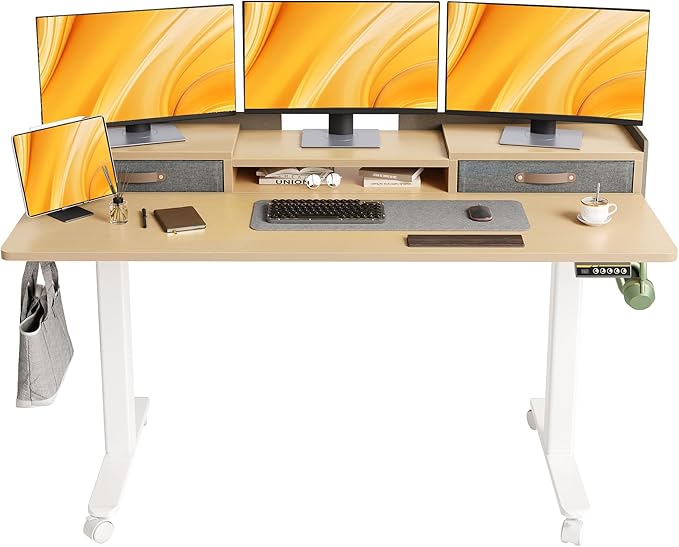 Claiks Standing Desk with Drawers, Adjustable Stand Up Electric Standing Desk Adjustable Height with Storage Shelf and Splice Board, 59 Inch, Natural