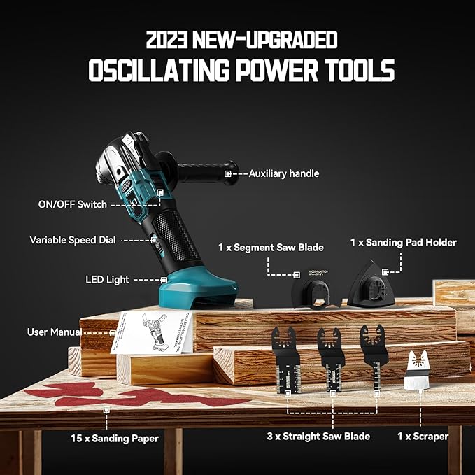 Cordless Oscillating Tool Compatible with Makita Battery, 21000 OPM Max Brushless-Motor Tool with Auxiliary Handle, Oscillating Multi-Tool for Scraping, Sanding,Cutting Wood(Tool only)