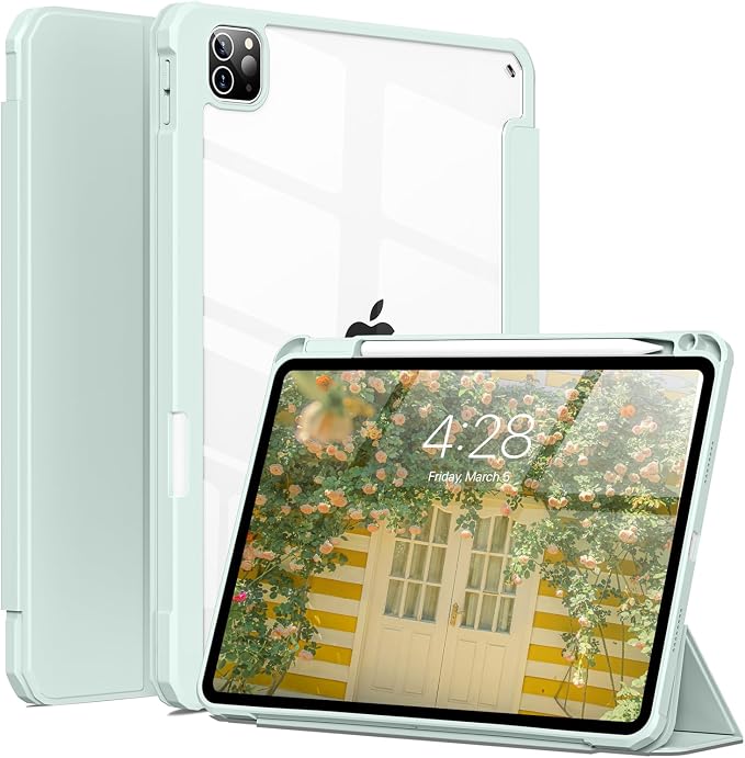 Clear Case for iPad Pro 12.9 inch 6th/5th/4th/3rd Gen 2022/2021/2020/2018 with Pencil Holder Lightweight Shockproof Trifold Stand Transparent Acrylic Back Cover Auto Wake/Sleep Black