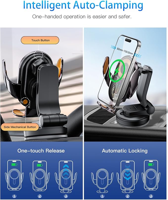 Wireless Car Charger Mount15W Fast Charging Auto Clamping Car Phone Holder Charger for iPhone 15 14 13 12 Pro Max 11 XS Samsung Galaxy S24 Ultra S23 S22 S21