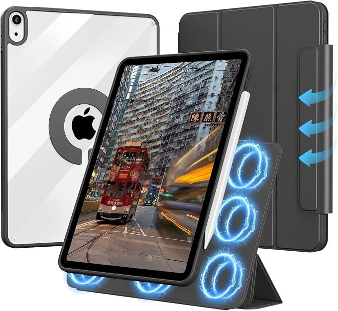 Case for iPad (A16) 11th/10th Generation (2025/2022 11/10.9 Inch) | Clear Hard PC Back Shell Smart Magnetic Detachable Cover with Clasp Portrait/Landscape Stand Auto Sleep/Wake Black