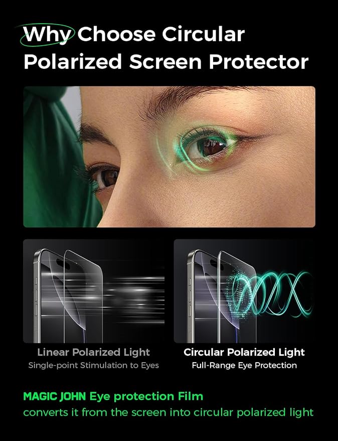 MAGIC JOHN 2 Pack for iPhone 15 Pro Screen Protector Eye Protection | HD Clear Auto Dust-Elimination 9H Tempered Glass &amp Scratch Resistance Full Edge Coverage