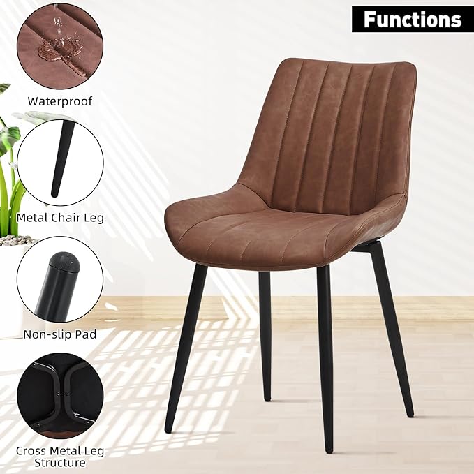 Dining Chairs Set of 2, Faux Leather Modern Linear Design Dining Chair with Metal Legs, 16.9" Seat Width Chair for Kitchen, Lounge, Reception Room, Restaurant, Commercial (Brown)