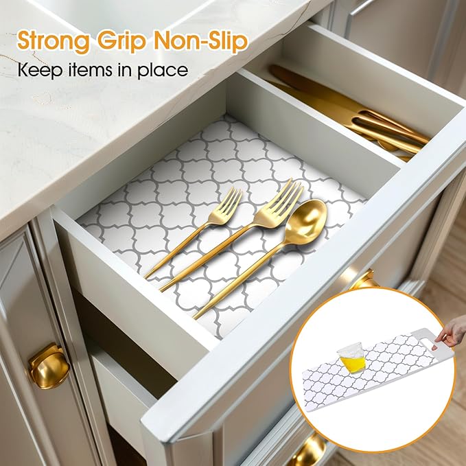 Shelf and Drawer Liner for Kitchen Cabinets Non-Adhesive, Strong Grip Non-Slip Thickened Cabinet Liners for Shelves, Waterproof Mats for Dresser Cupboard, White/Gray, 12 in x 10 Feet