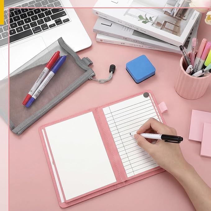 6 Sides Dry Erase Notebook Portable Whiteboards Notebook Small Reusable College Ruled Lined Board Folding Mini Travel Dry Erase White Board for Office Study(Pink,A6: 5 x 7 Inches)