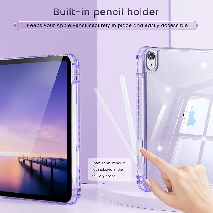Case for iPad A16 11th/10th Generation 2025/2022 Purple | Glitter Shockproof 10th gen ipad case with Pencil Holder Trifold Stand Auto Wake/Sleep Sparkly ipad a16 case clear