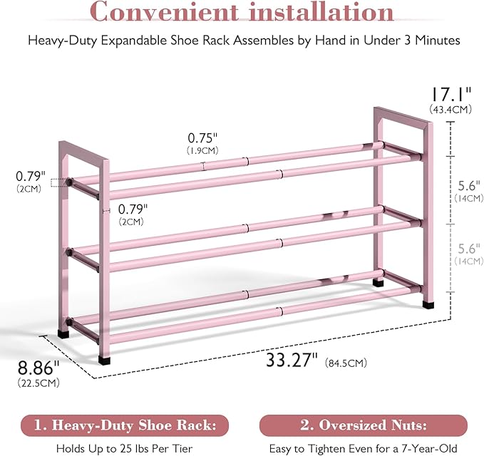 Bumusty 3-Tier Expandable Shoe Rack for Closet, 18“-33” Adjustable Shoe Rack for Small Space, Small Shoe Organizer for Front Door, Sturdy Metal, Pink