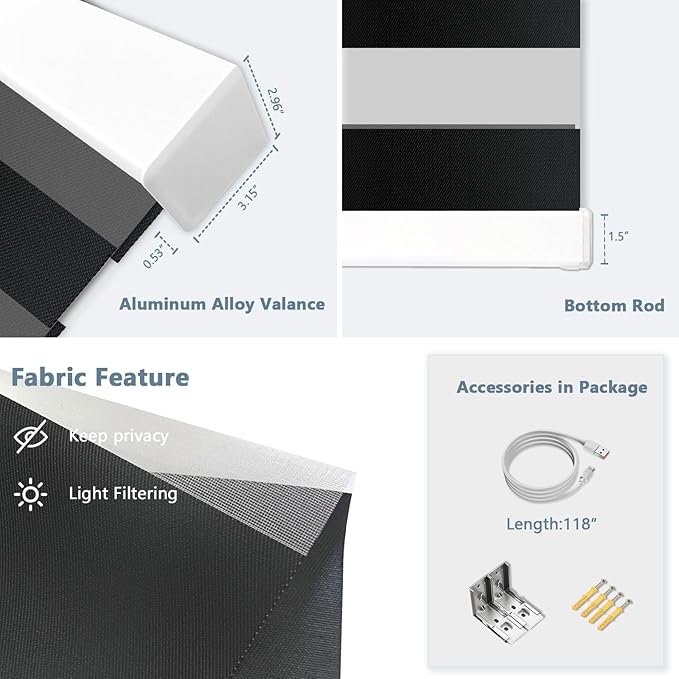 COOLWINDS Motorized Zebra Blinds for Windows Cordless Electric Curtains with Remote Control Blackout Shades Custom Smart Blinds Compatible with Alexa Google Home(Light Filtering Black,W51 X 72in)