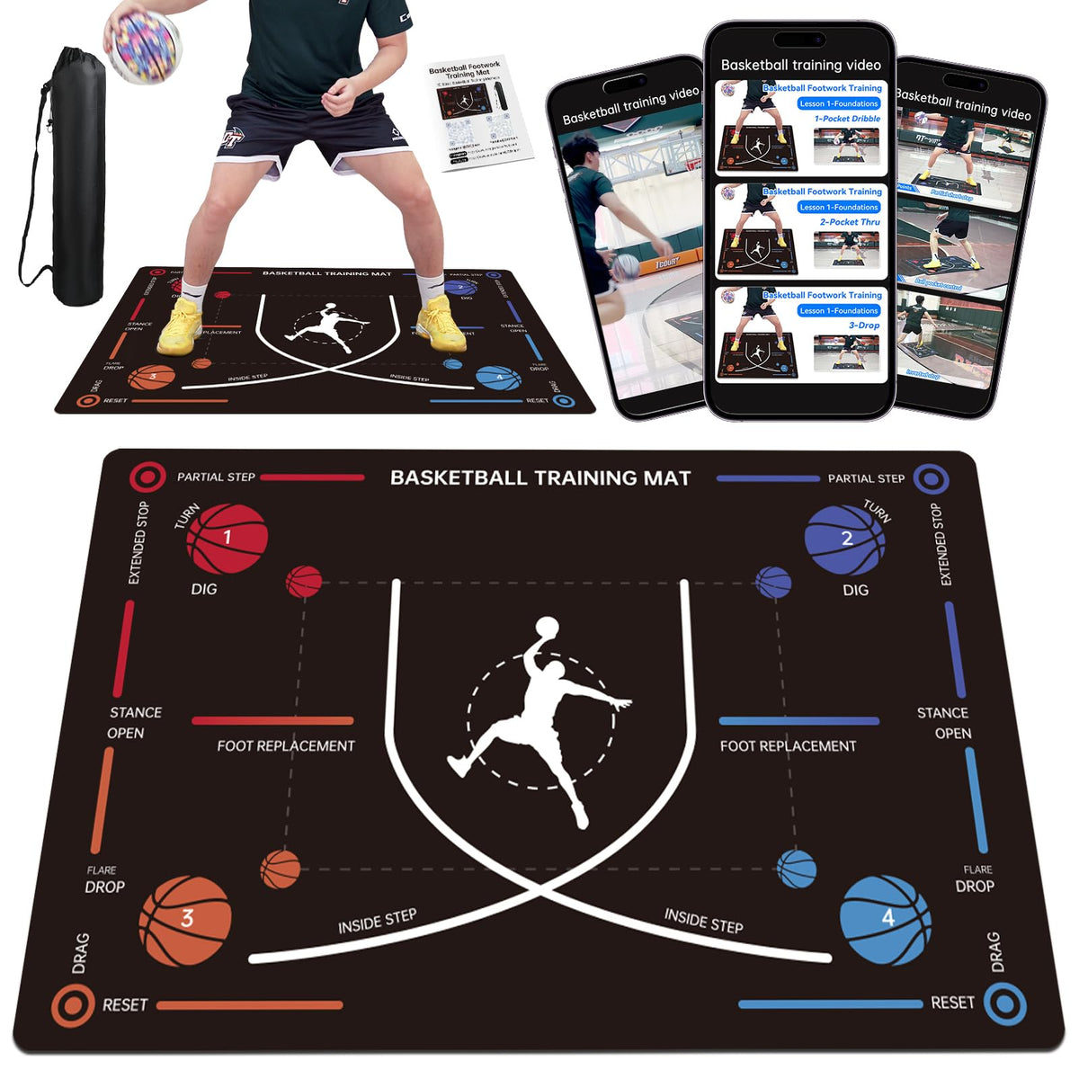 ZVD Portable Basketball Training Mat - Non-Slip Footwork Agility Mat for All basketball enthusiasts, Durable Basketball Footwork Training Equipment to Improve Speed, Strength, Coordination