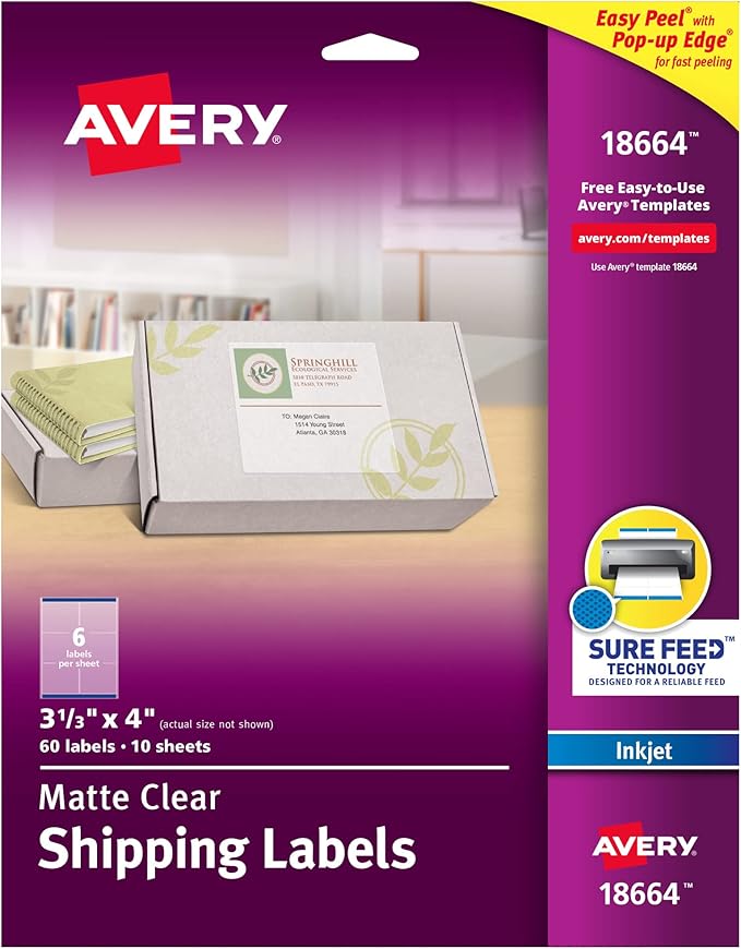 Avery Matte Frosted Clear Address Labels for Inkjet Printers, 3-1/3" x 4", 60 Labels, 5 Packs (18664)