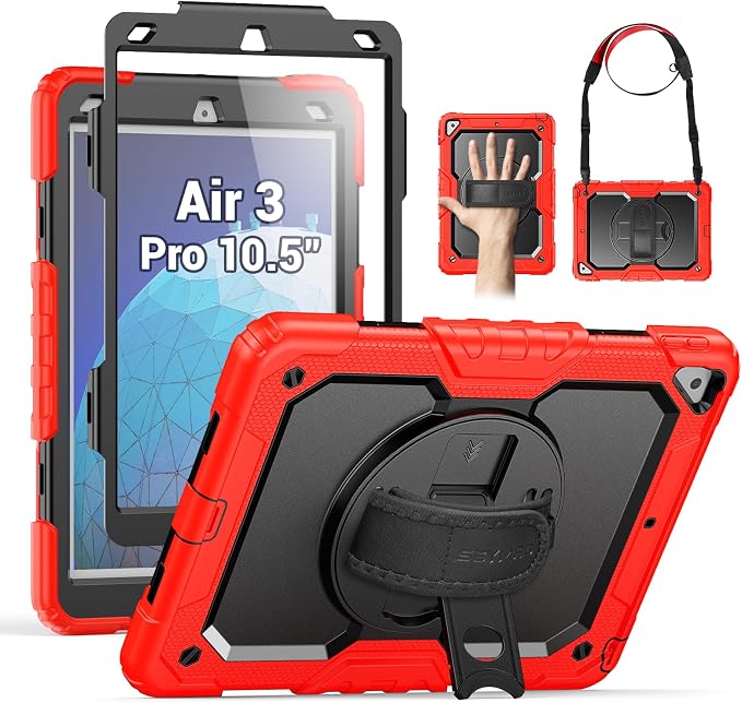 SEYMAC Case for iPad Air 3/ Pro 10.5 inch/Air 3rd Generation 10.5'' Black | Heavy Duty Shockproof Protective Built-in Screen Protector 360° Rotating Stand Hand/Shoulder Strap