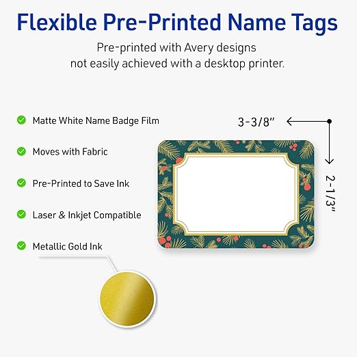 Avery Printable Christmas Adhesive Name Badges, Rectangle, 2-1/3" x 3-3/8", Pre-Printed Teal & Metallic Gold Border with Holly Design, Matte White, Laser & Inkjet Compatible, 80 Total