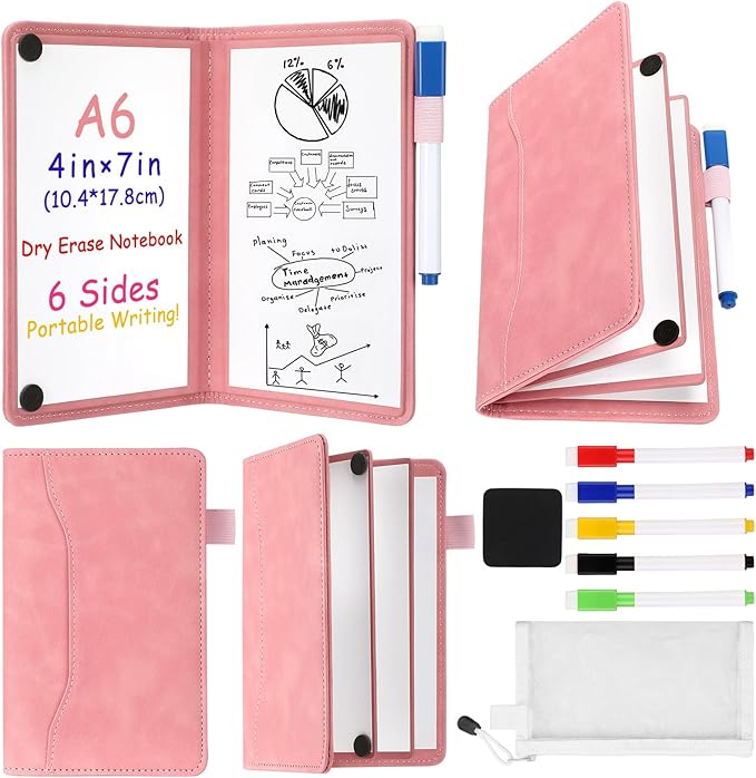 6 Sides Dry Erase Notebook Portable Whiteboards Notepad 5"x7"(a6) Small Reusable Board Foldable Anti-ghosting Surface, Travel Dry Erase White Board for Office Study Meeting Planning