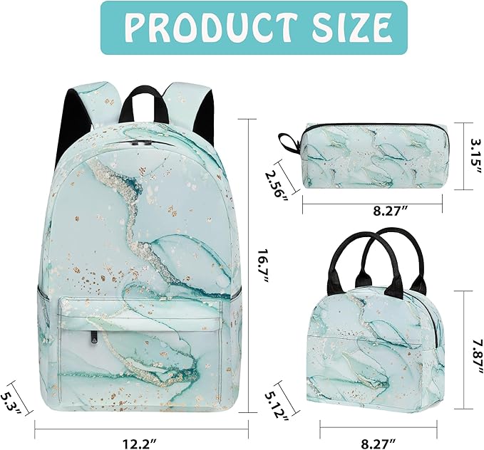 Marble 3PCS Backpack for Boys Girls, Kids Back to School Backpack Set with Lunch Box Pencil Case, 17 Inch Lightweight Bookpack 3 in 1 Set for Teens Elementary Middle High School Students