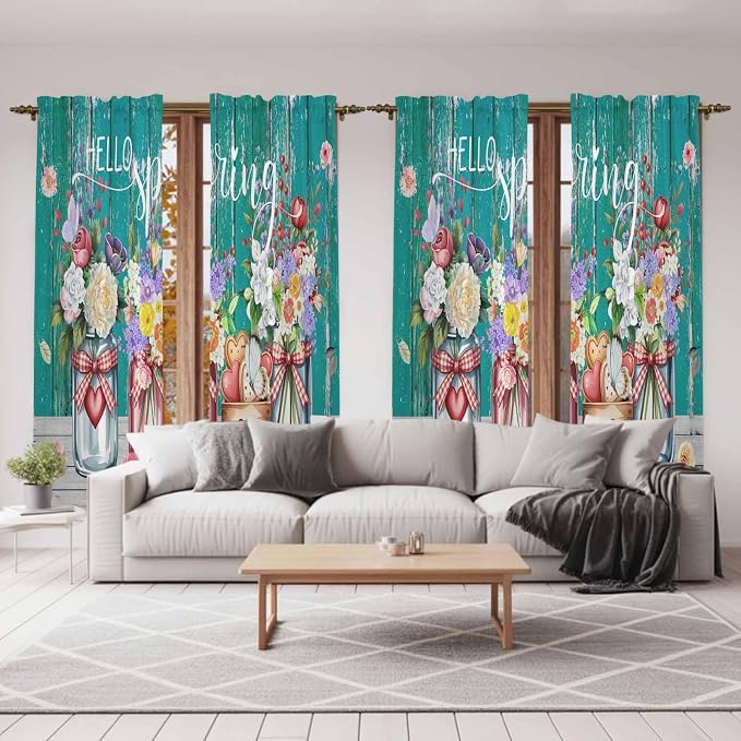 Spring Flowers Kitchen Curtains, Farmhouse Watercolor Teal Wood Grain Light