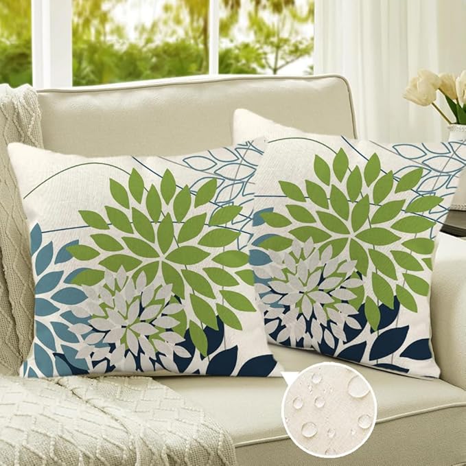 RABUSOFA Outdoor Pillow Covers 20x20 Inch Set of 2 Green Blue Flower Decorative Waterproof Spring Summer Floral Outdoor Cushion Covers for Patio Funiture Garden Couch Decor