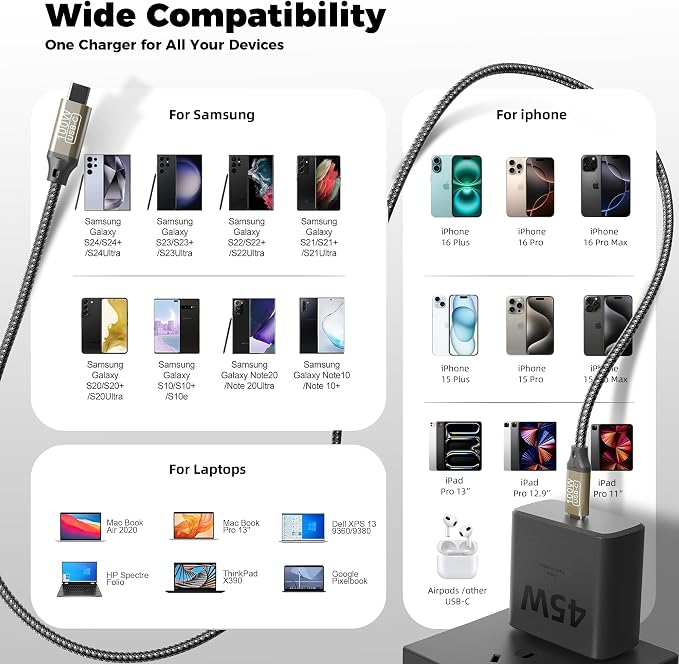 TANSEY 45W USB C Fast Charger with 6.6FT Braided Nylon Cable PD 3.0 Charger Block Compatible with iPhone 16/15 Series iPad AirPods Pro 2 &amp Samsung S24
