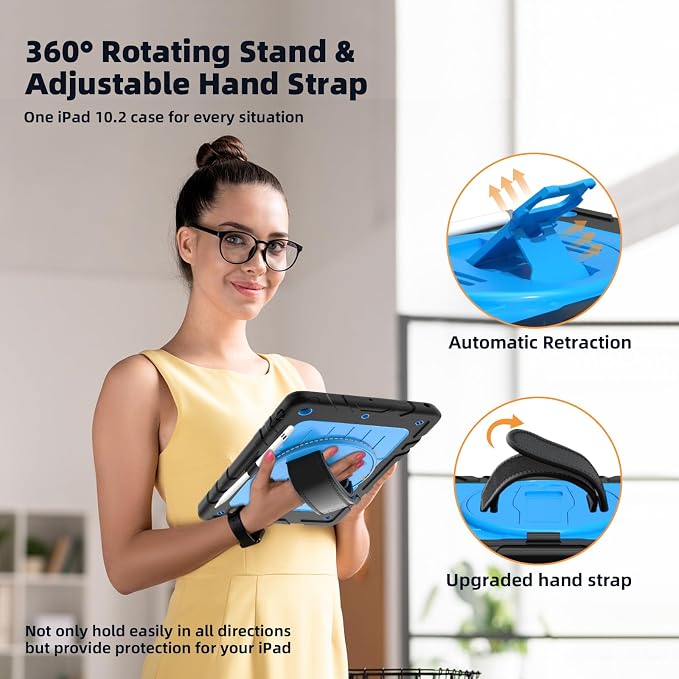 Case for iPad 9th/8th/7th Generation-Built-in Screen Protectorwith Pencil Holder&amp360°Rotating Hand StrapShoulder StrapCase for iPad 10.2 inch 2021-2019(Black)