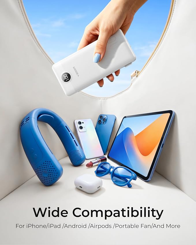 VEGER Portable Charger for iPhone Power Bank Built in Cable and Wall Plug | 10000mAhUltra Slim&ampCompact5 OutputsLED DisplayFlight-SafeTravel Essentials Battery Pack for iPhone 17iPad Samsun