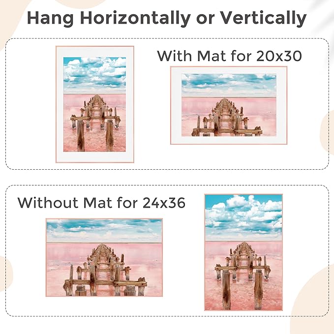 24x36 Metal Picture Frame For Wall With Mat For 20x30, 24''x36'' Aluminum Photo Frames With Tempered Glass For Home Decor, Minimalist Modern Poster Frame Horizontally Vertically Set of 2, Rose Gold