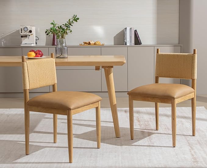 CIMOTA Faux Leather Modern Dining Chairs Set of 6, Mid Century Upholstered Dining Room Chairs with Woven Back, Armless Kitchen Chairs with Natural Solid Wood Legs, PU Brown