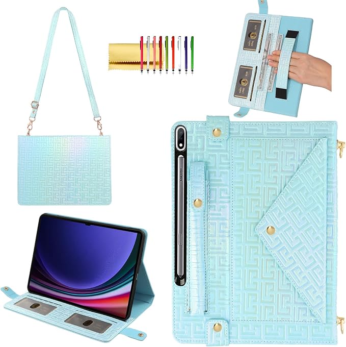 Handbag Case for Samsung Galaxy Tab S10 FE/S9 FE 10.9/S9/S8/S7 11 Techcircle Folio Stand Crossbody Wallet Protective Cover with S Pen Holder &amp Card Slots Hand Strap &amp Shoulder Strap Black